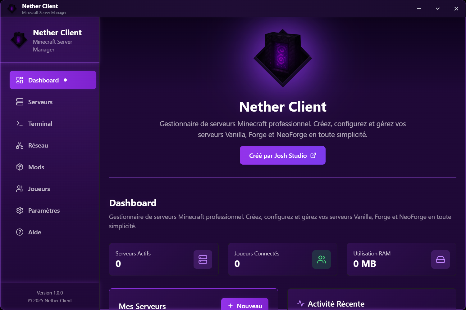 Interface principale Nether Client