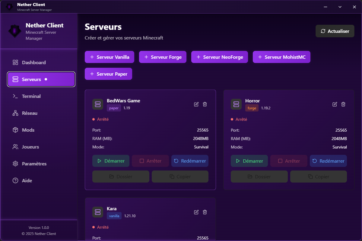Gestion des serveurs Minecraft